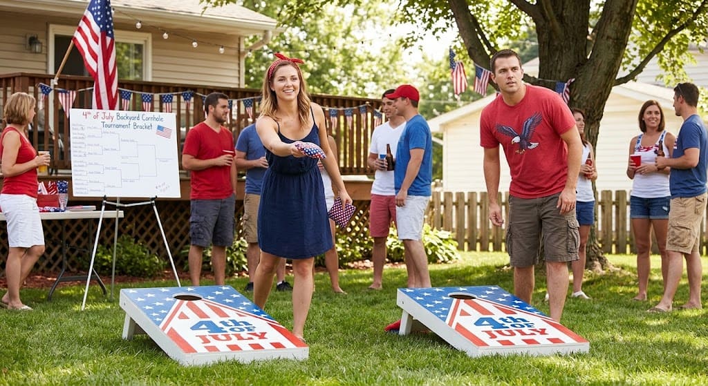 Patriotic cornhole tournament for adults at 4th of July backyard party — bracket competition format