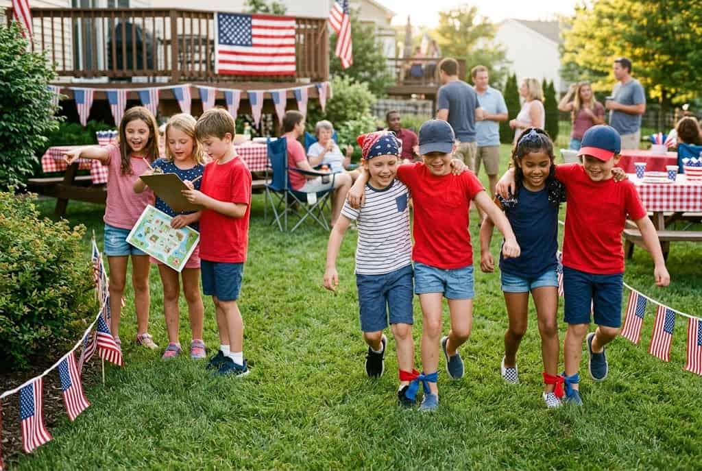 Older kids ages 8 to 10 playing scavenger hunt cornhole and outdoor patriotic games at a July 4th party”