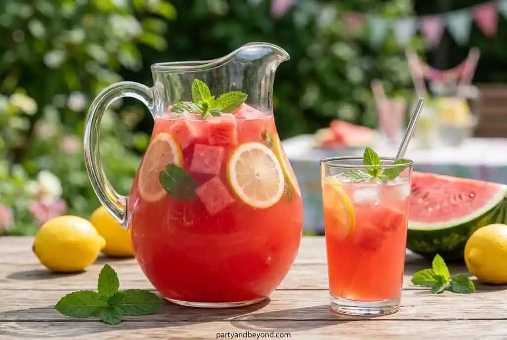 Watermelon lemonade punch in a clear beverage dispenser with lemon slices and mint