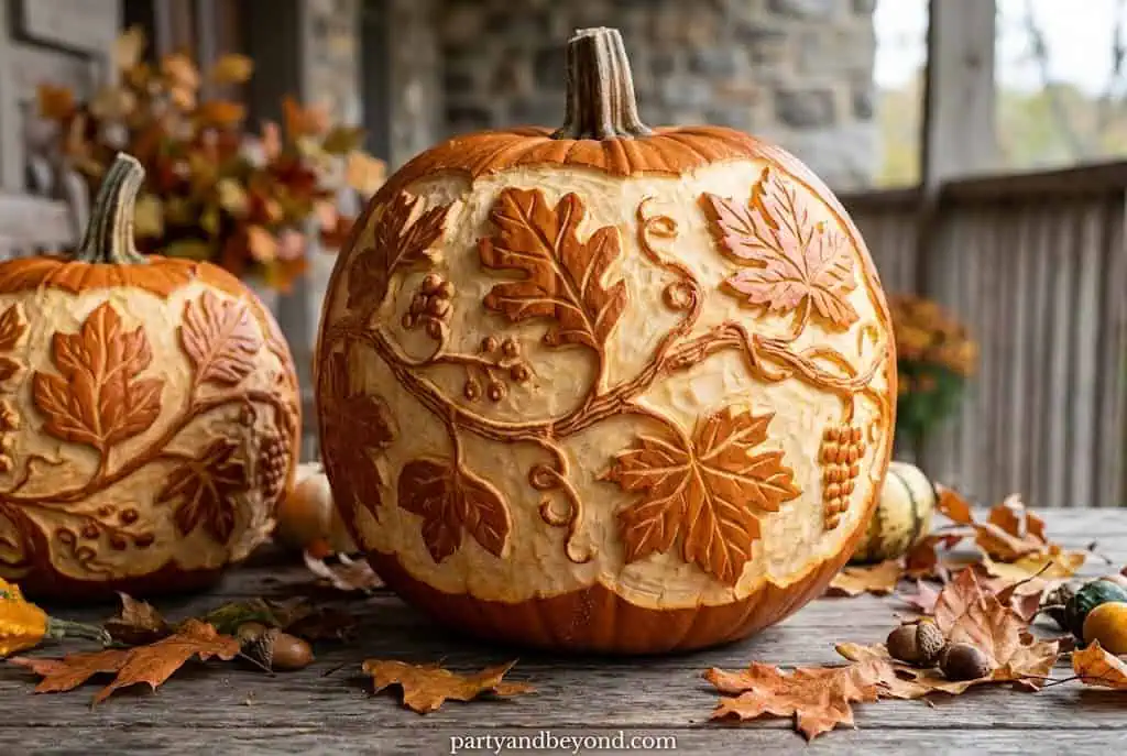 Elegant fall pumpkin carving with etched leaves and vine details.