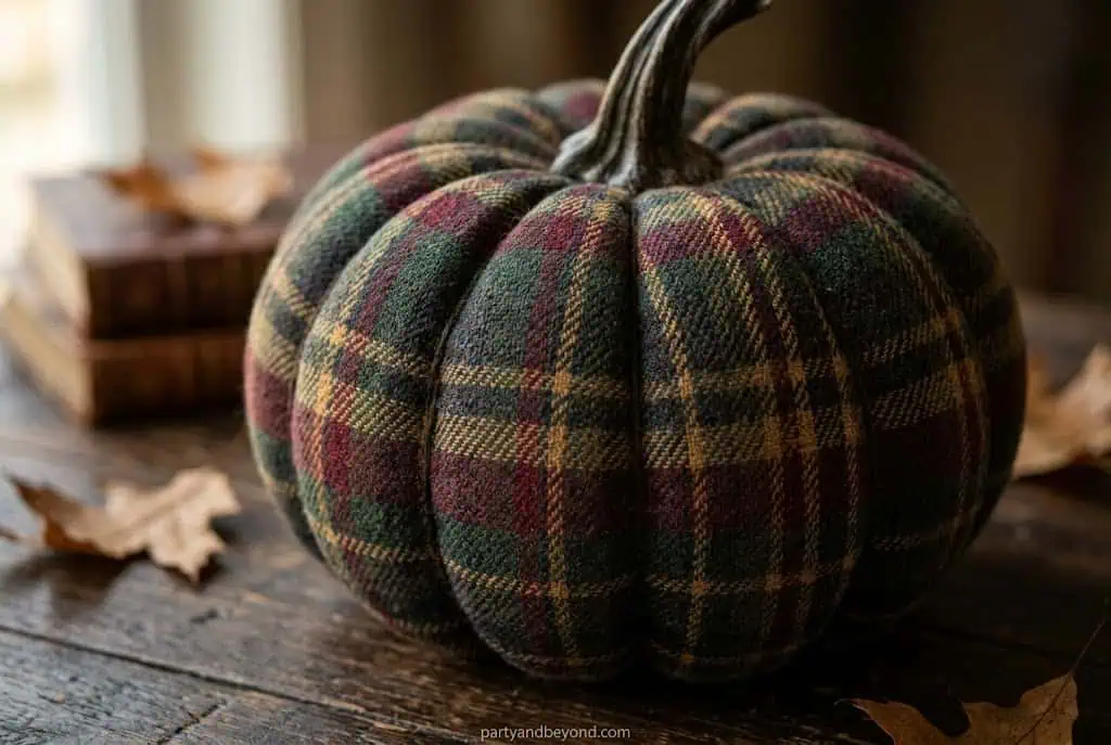 Pumpkin with plaid pattern in green, burgundy, and tan tones