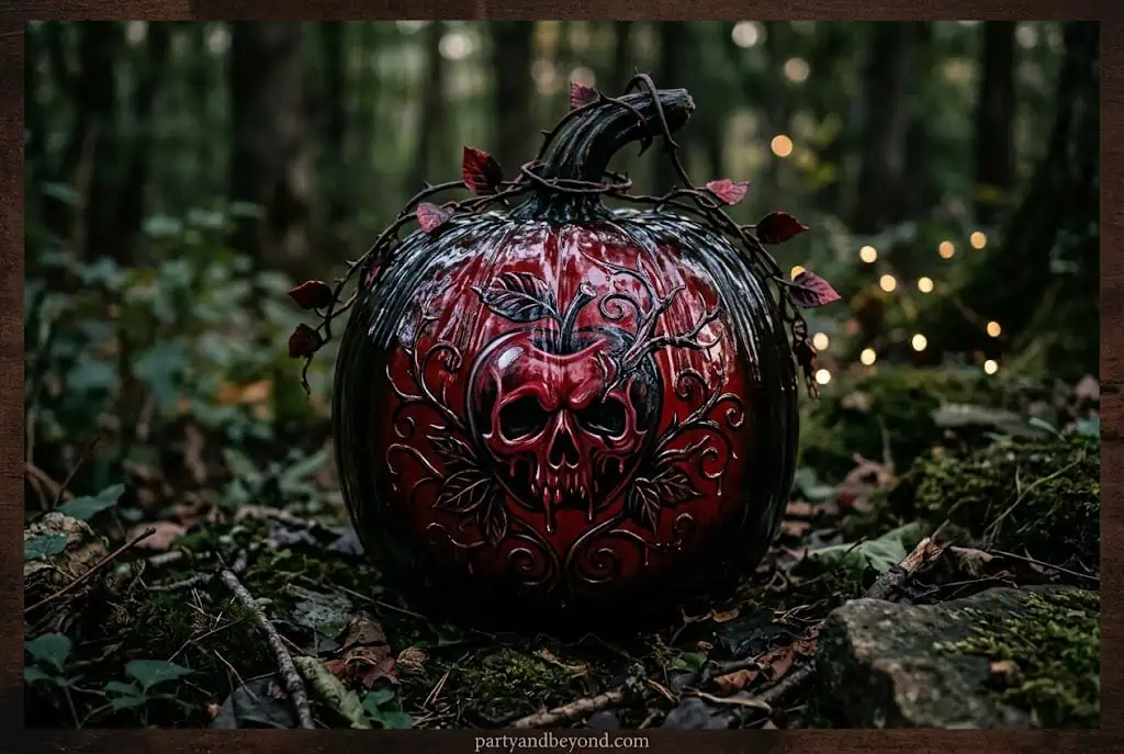Black pumpkin with glossy red gradient resembling poisoned apple