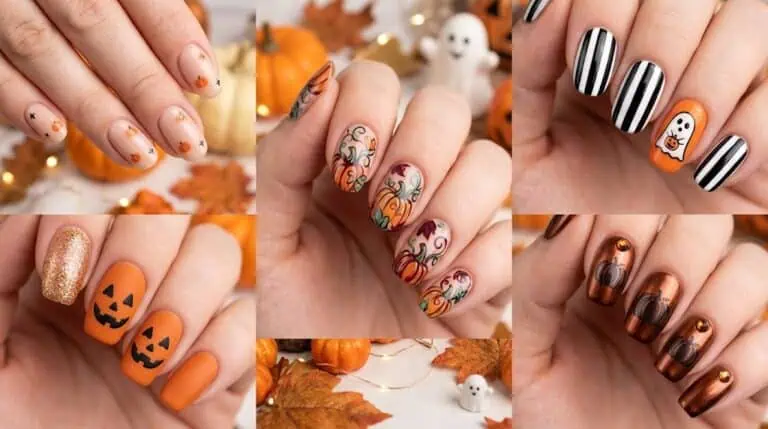 Halloween-themed nail designs with pumpkins, ghosts, and spooky patterns.