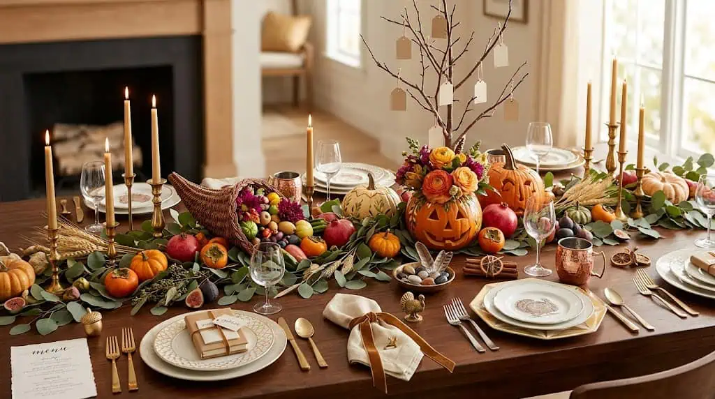 Elegant fall harvest table with pumpkins, gourds, candles, and seasonal decor for festive celebratio.