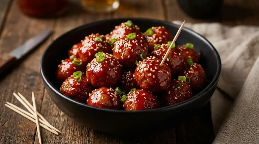 Sweet and spicy glazed meatballs in a black bowl with toothpicks.