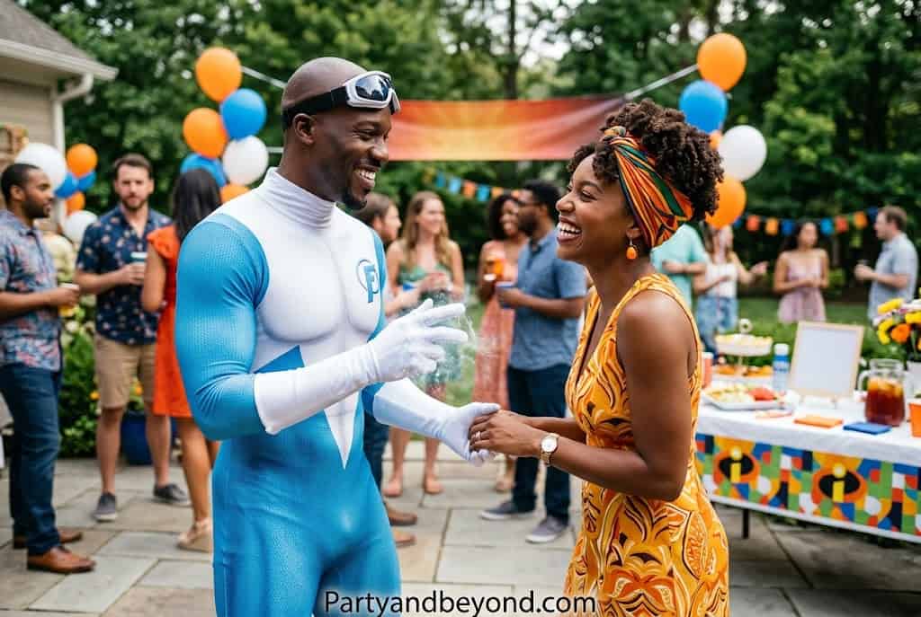 Funny Black couple Halloween costume inspired by Frozone and Honey from The Incredibles.