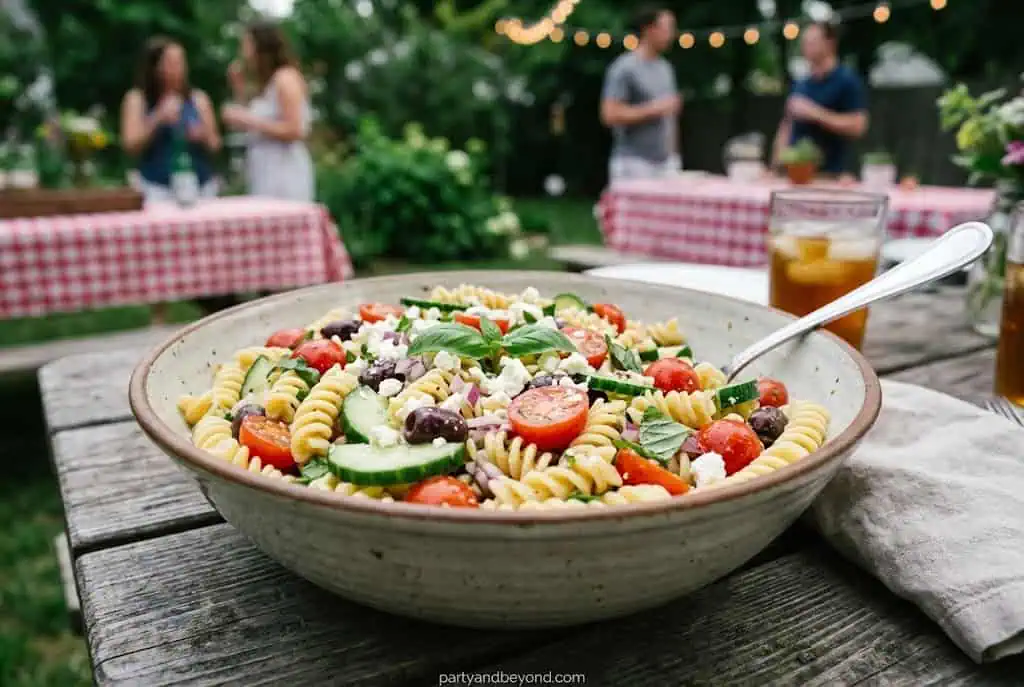 Large bowl of tri-color pasta salad with vegetables mozzarella and Italian dressing