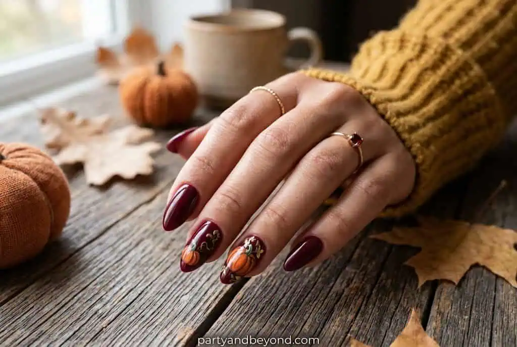 Deep burgundy fall nails with elegant burnt orange pumpkin art.