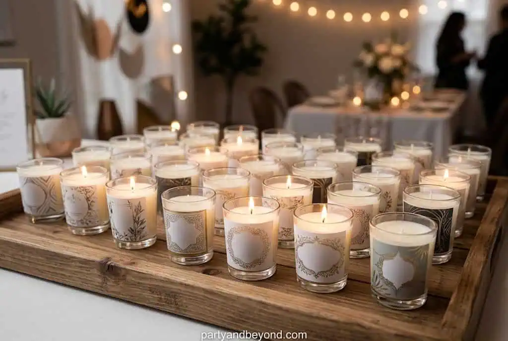 Small glass votive candles with custom labels arranged neatly as party favors