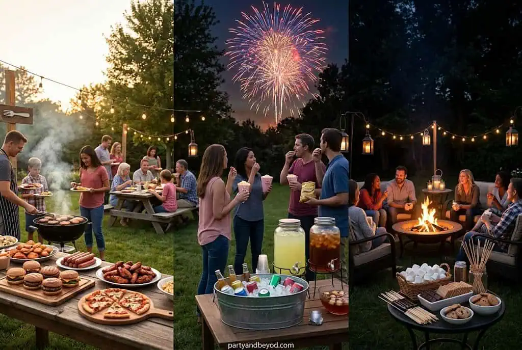 Outdoor summer party with food, drinks, and fireworks.
