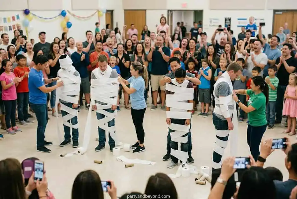 Team wrapping a player in toilet paper during the Dizzy Mummy minute to win it challenge