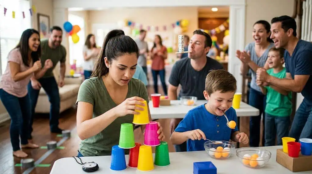 Kids enjoying a birthday party with colorful cups and games at Party & Beyond!.