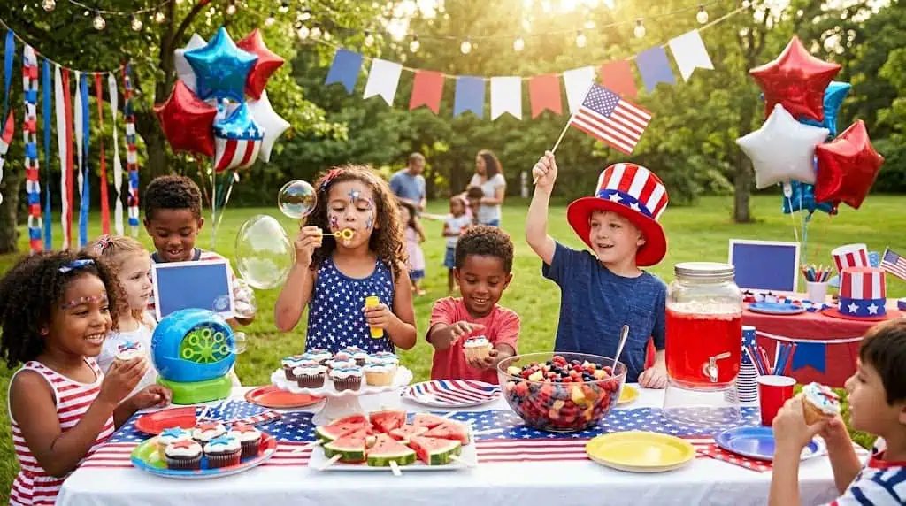 Kids' Independence Day party with patriotic decorations, balloons, and themed treats in a park setti.
