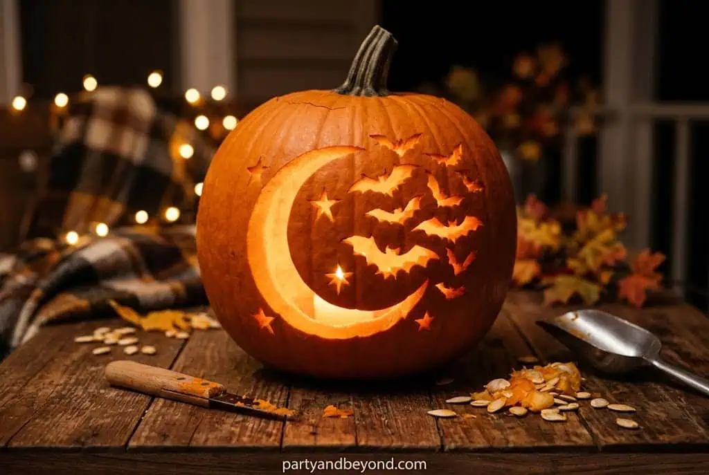 Pumpkin carved with crescent moon and flying bat silhouette glowing at night.