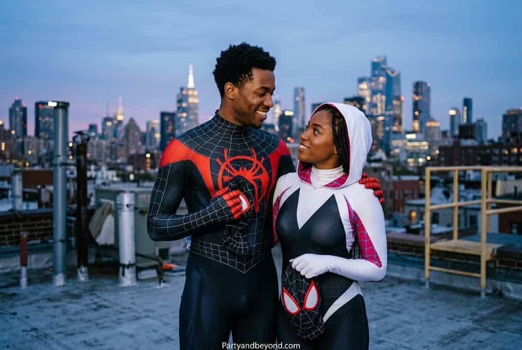 Couple dressed as Miles Morales and Gwen Stacy in colorful Spider-Verse costumes.