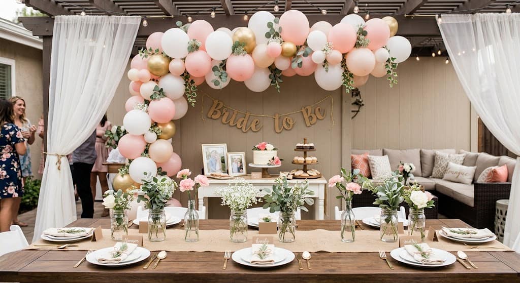 budget bridal shower decorations with flowers and balloons