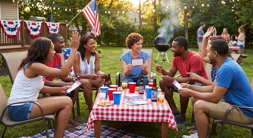 Patriotic trivia game for adults at 4th of July party — team format with American history questions