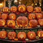 41 Unique Pumpkin Carving Ideas for a Standout Display (2026) Pumpkin carving display featuring illuminated Halloween-themed pumpkins for festive parties.