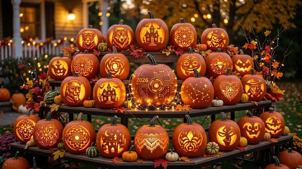 Pumpkin carving display featuring illuminated Halloween-themed pumpkins for festive parties.
