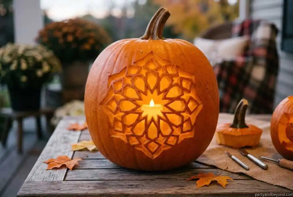 Pumpkin lantern with detailed star-shaped carving, perfect for Halloween and fall celebrations.