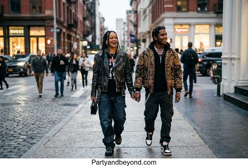 Trendy Black couple in oversized streetwear and gold chains inspired by Rihanna and ASAP Rocky.