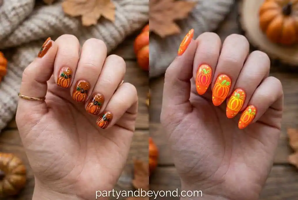 Neon orange Halloween nails with glowing pumpkin nail art under blacklight.