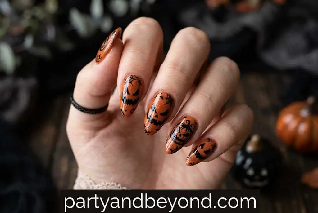 Black pumpkin silhouette nail art over nude Halloween manicure.