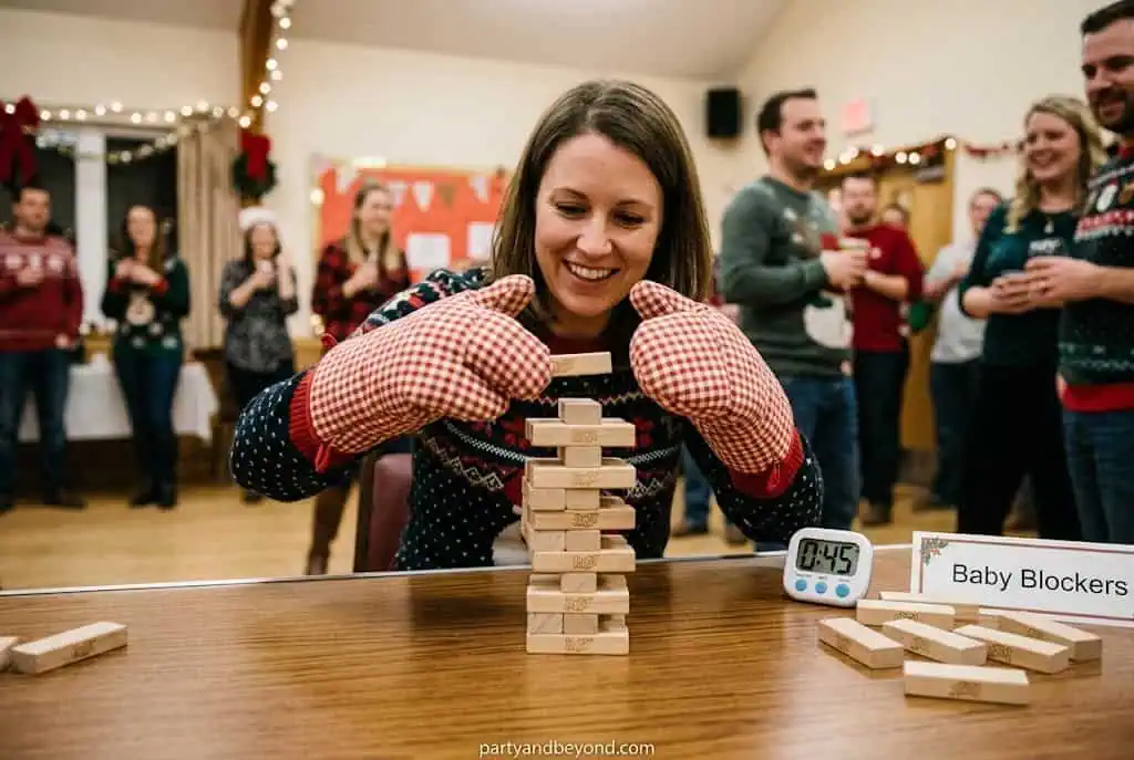 Player stacking wooden blocks while wearing oversized oven mitts during a funny party game
