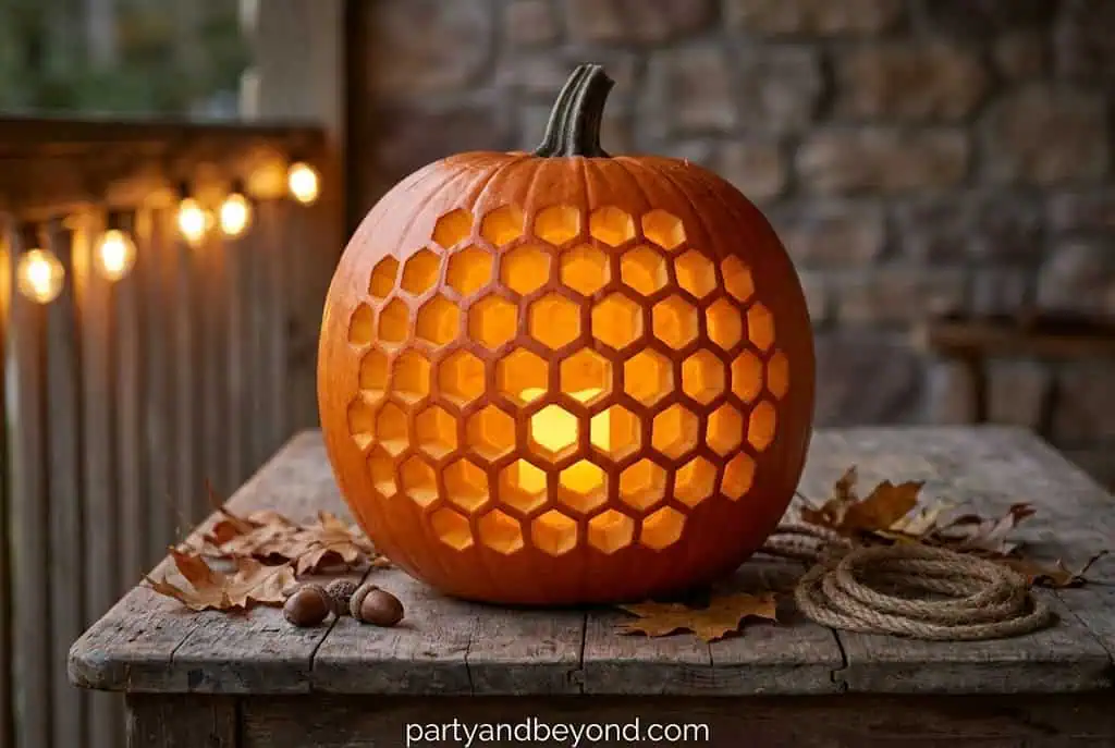 Geometric honeycomb pumpkin carving with glowing hexagon cutouts.