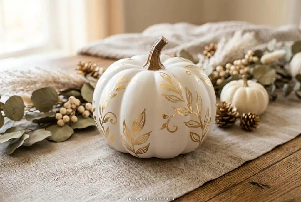 Alt text: White painted pumpkin with scattered gold leaf accents on ridges, styled as luxury fall décor.