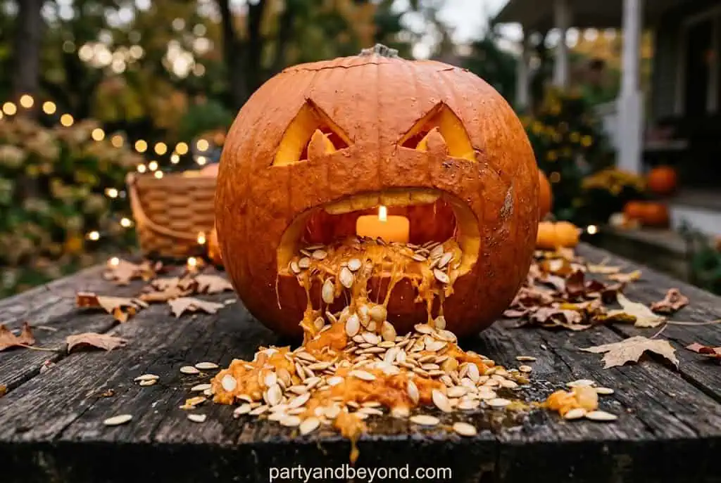 Funny pumpkin carving with pumpkin seeds spilling from carved mouth