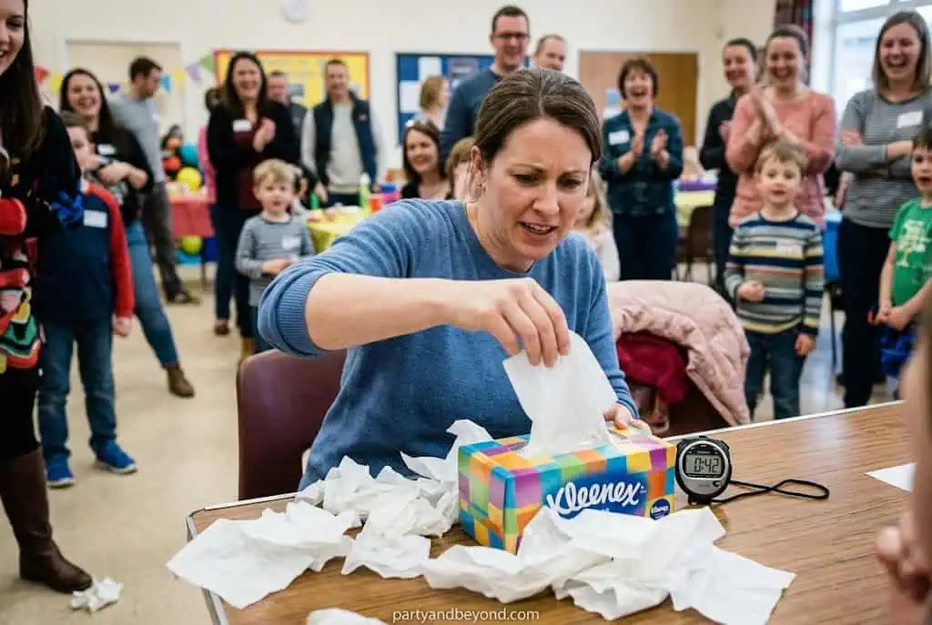 Party guest rapidly pulling tissues from a tissue box during a fast-paced challenge game