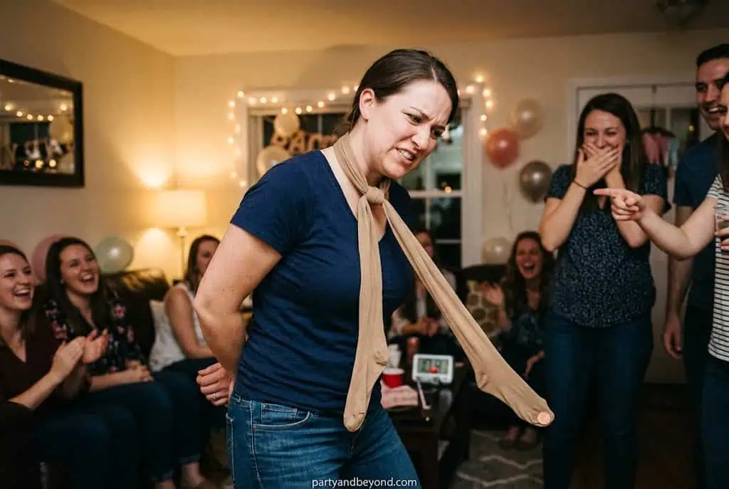 Adults laughing during the Penny Hose game with pantyhose and a penny at a Halloween party