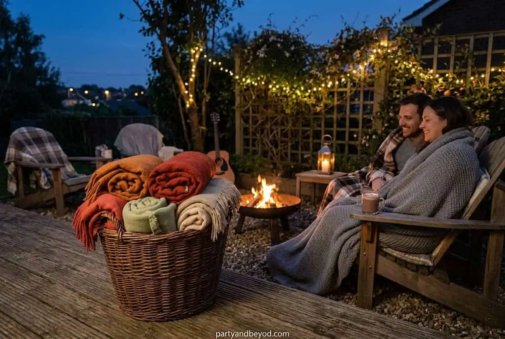 Friends enjoying a cozy outdoor evening by a fire pit with blankets and string lights.