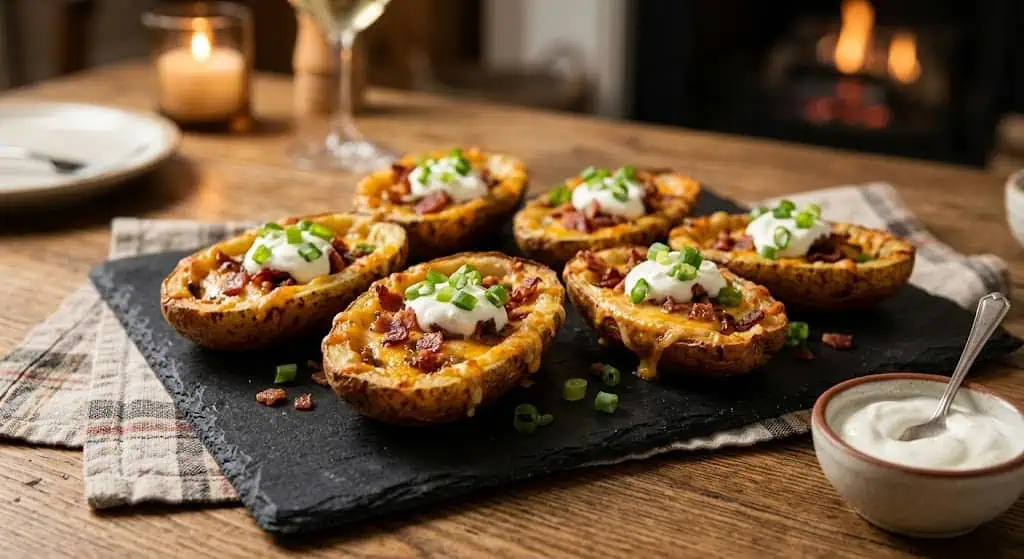 Loaded potato skins with cheese, bacon, and sour cream on a slate platter.