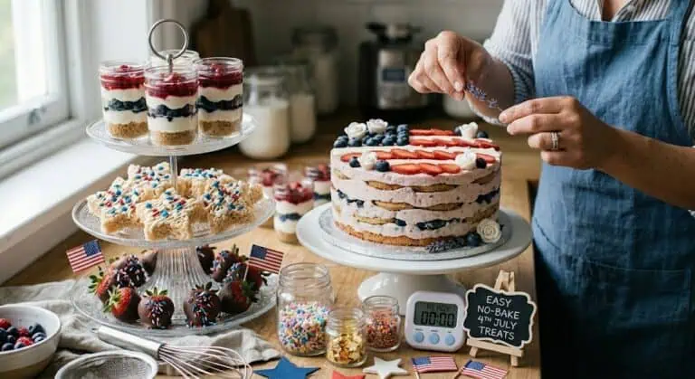 Delicious no-bake patriotic desserts for the 4th of July, featuring layered cakes, fruit toppings, a.