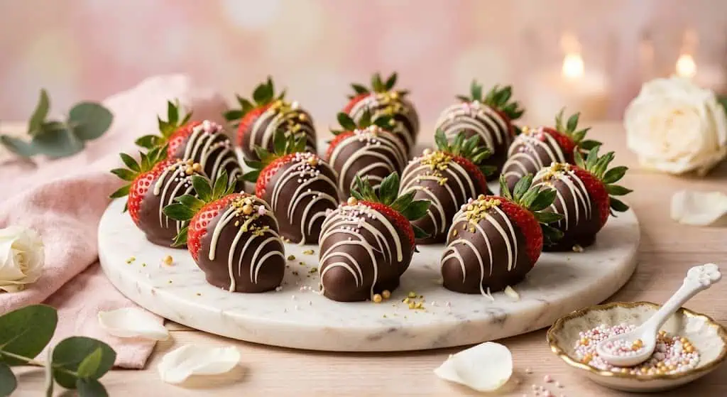 Chocolate-dipped strawberries with white chocolate drizzle on a marble platter.