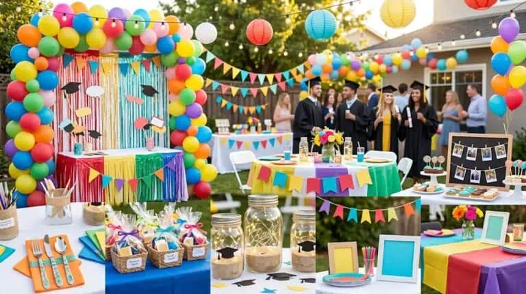 Vibrant outdoor party setup with colorful balloons, banners, and themed decorations for a festive ev.
