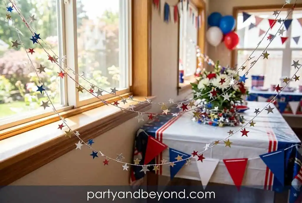 Patriotic star garland decorating a fireplace mantle and party table