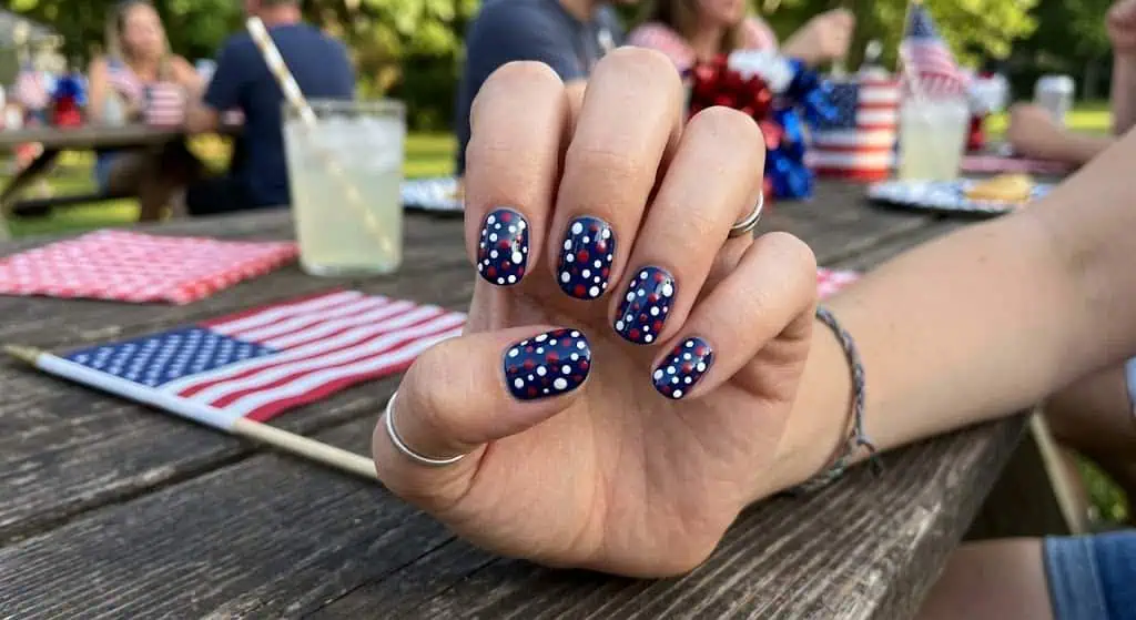 White French manicure with small red and blue stars for a festive but elegant nail design.