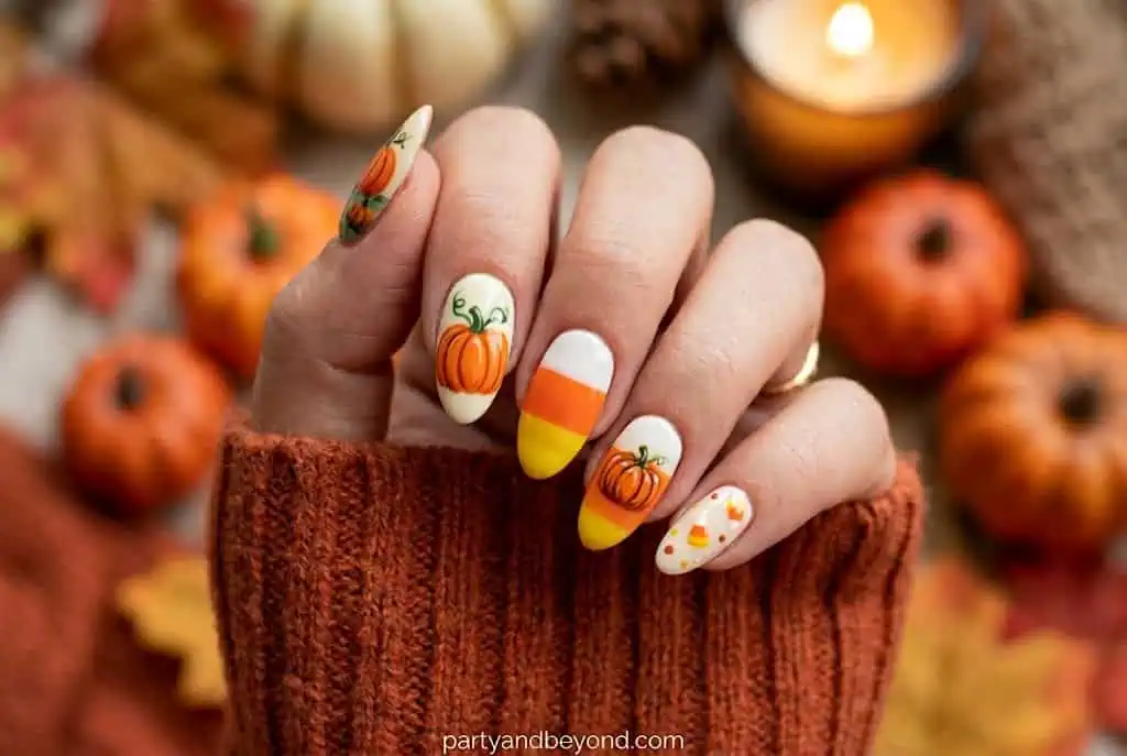 Candy corn inspired Halloween nails paired with pumpkin accent nail art.
