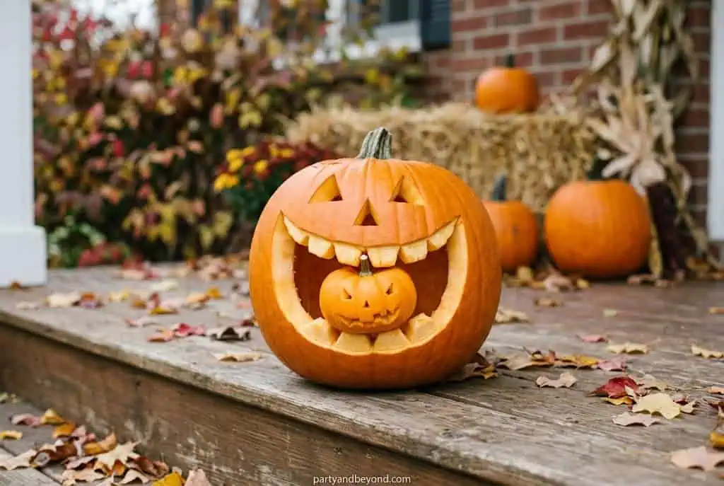 Funny Halloween pumpkin appearing to eat a smaller carved pumpkin.