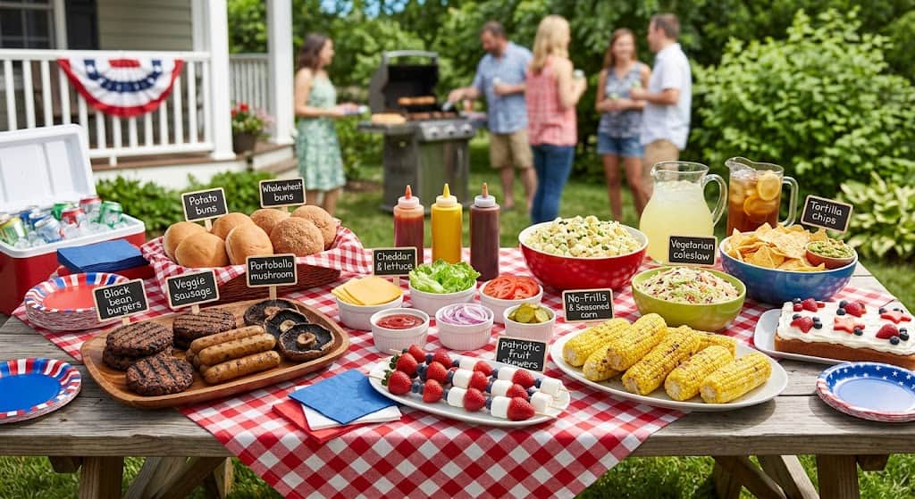 Outdoor summer barbecue with a variety of grilled meats, salads, and snacks on a checkered tableclot.