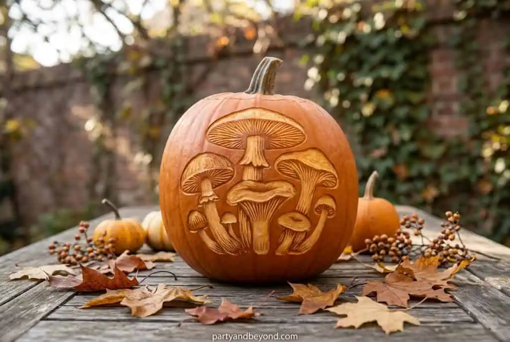Cottagecore pumpkin carving featuring glowing mushroom cluster design.