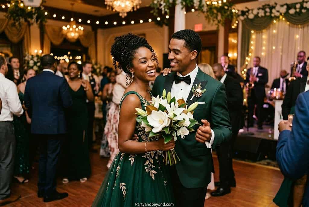 Disney-inspired Black couple costume dressed as Tiana and Prince Naveen for Halloween.