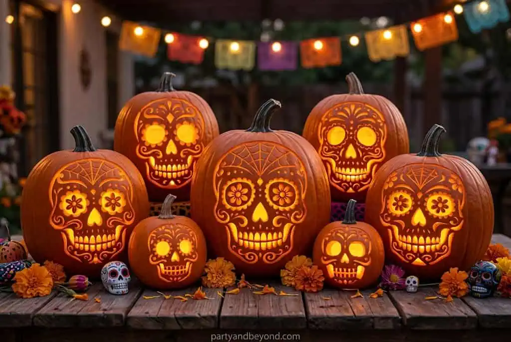 Detailed sugar skull pumpkin carving with floral Day of the Dead patterns.