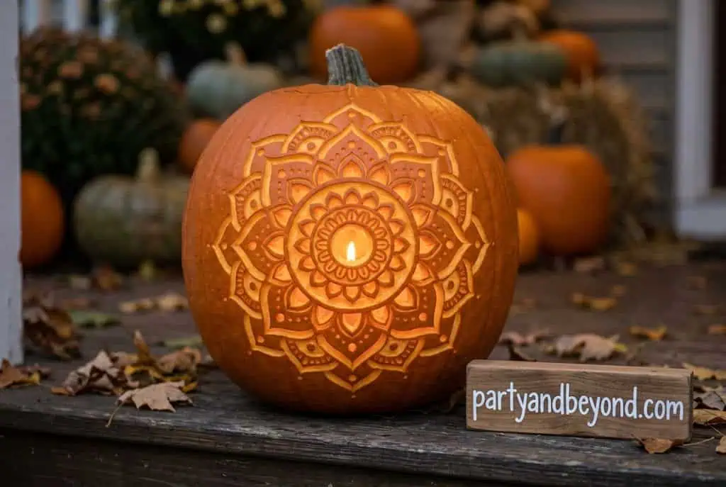 Intricately carved pumpkin lantern with mandala design for fall and Halloween decor.