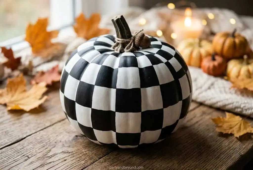 Black and white pumpkin with bold checkerboard geometric pattern