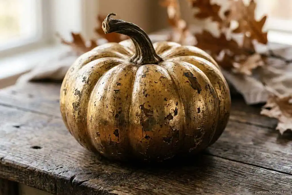 Black pumpkin with layered antique gold dry-brush texture