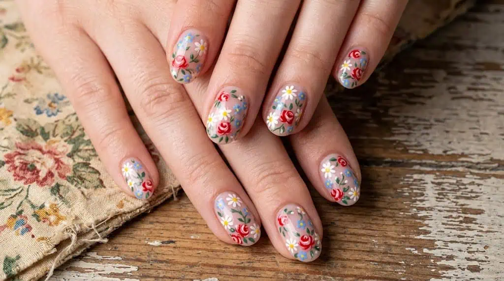 Hand-painted floral nail art featuring red, white, and blue flowers on nude base.